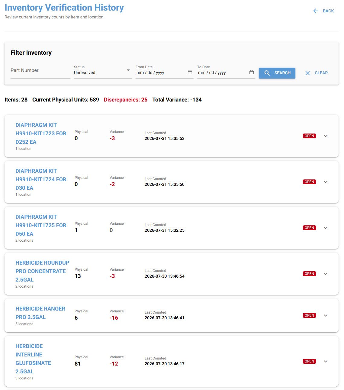 Old UI — Inventory verification history
