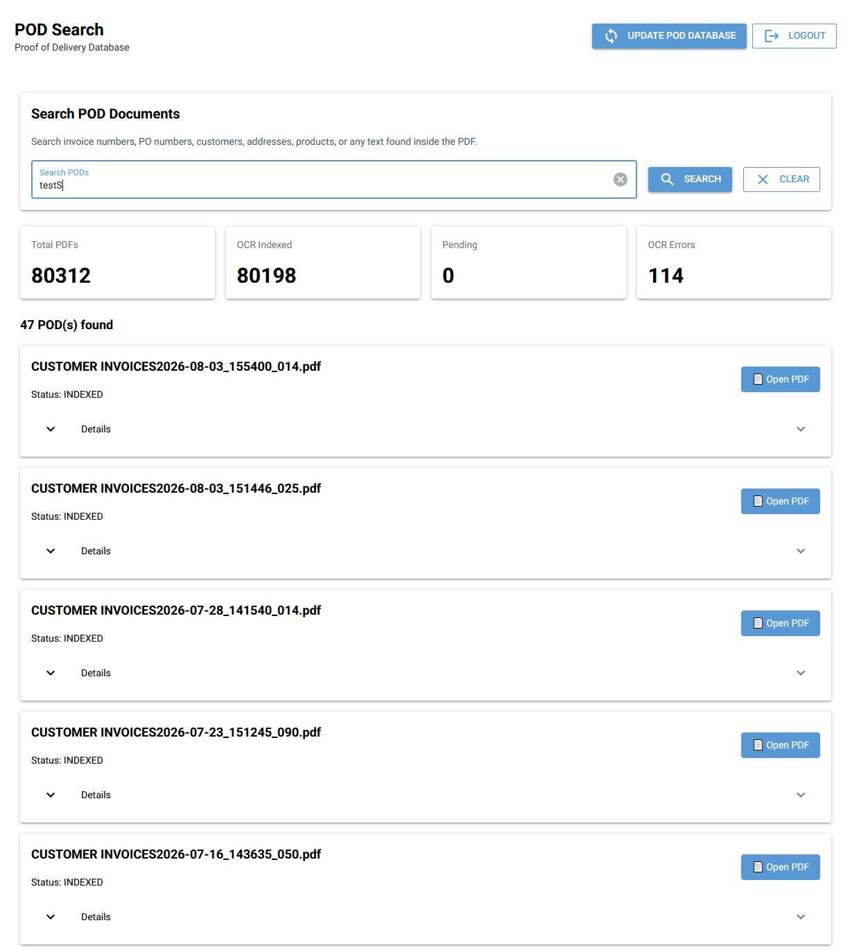 Old UI — POD search results